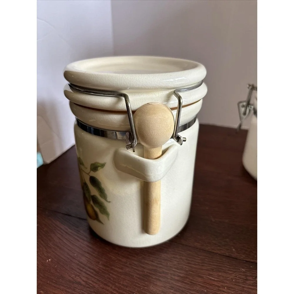 Vintage Ceramic Food Canister Set Pears Apples Grapes‎ With Wooden Spoons
